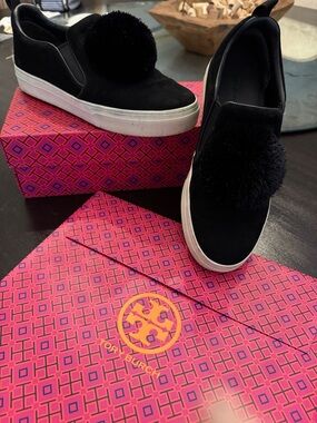 Tory Burch Black Slip-On Pom Pom Sneakers